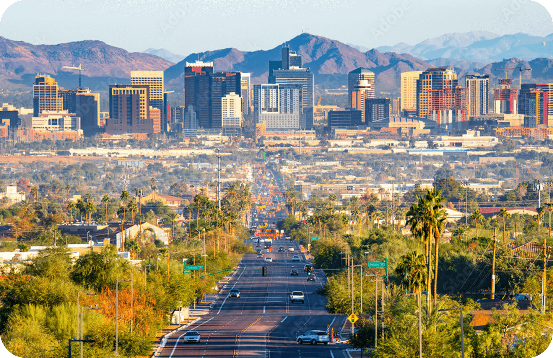 A panoramic view of Downtown Phoenix, AZ, during the day.