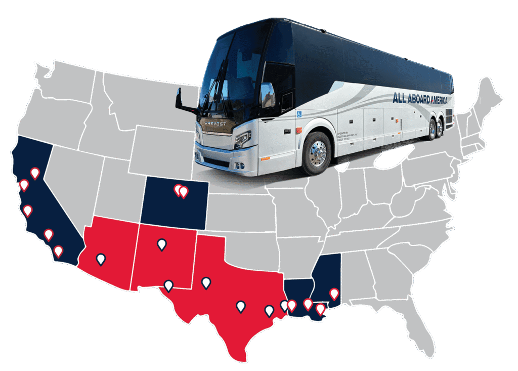 All Aboard America bus on a US map with Arizona, Texas, and New Mexico states highlighted in red to indicate service areas. California, Colorado, Louisiana, and Mississippi are highlighted in blue to indicate other brand locations as part of the All Aboard America Holdings (A A A H I) family.