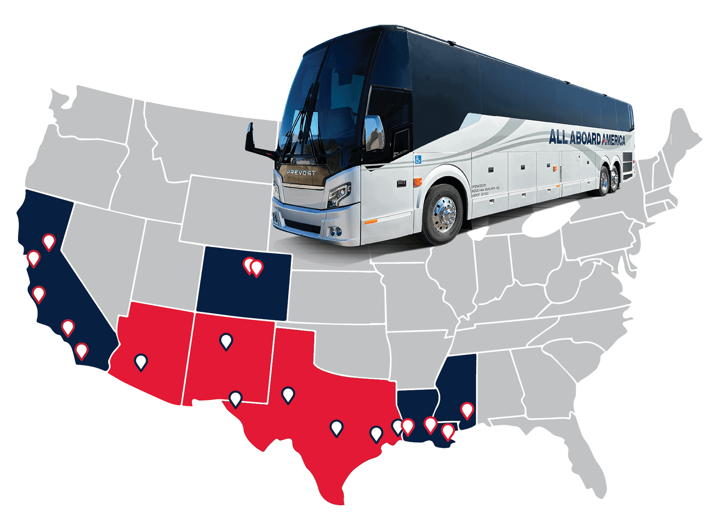 All Aboard America bus on a US map with Arizona, Texas, and New Mexico states highlighted in red to indicate service areas. California, Colorado, Louisiana, and Mississippi are highlighted in blue to indicate other brand locations as part of the All Aboard America Holdings (A A A H I) family.