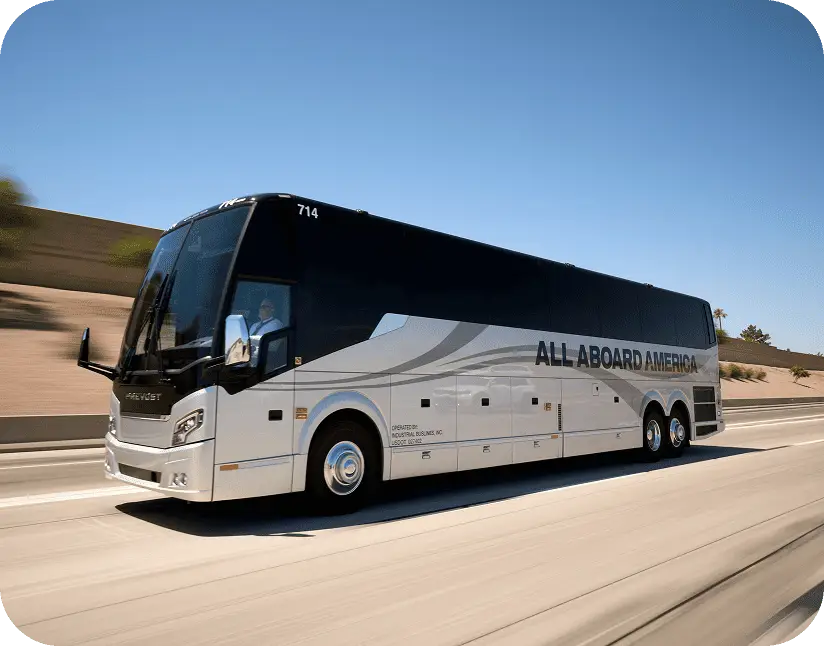 An All Aboard America Prevost motorcoach number 714 travels at highway speed for recurring transportation service
