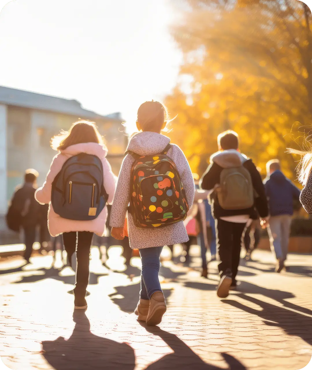 School-age children with backpacks walk together in golden sunlight representing student transportation services
