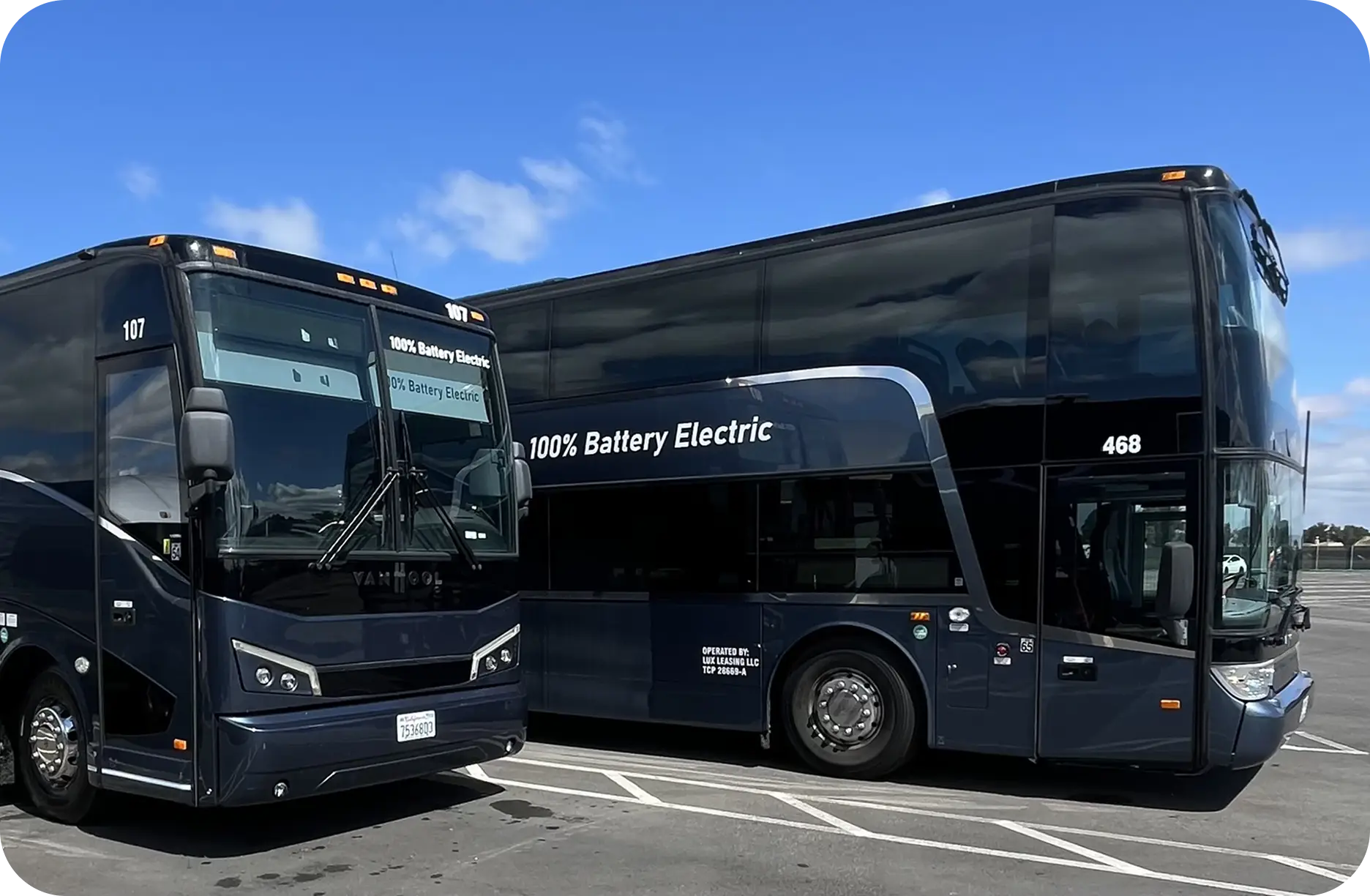 Small and large EV Buses from All Aboard America parked in a parking lot