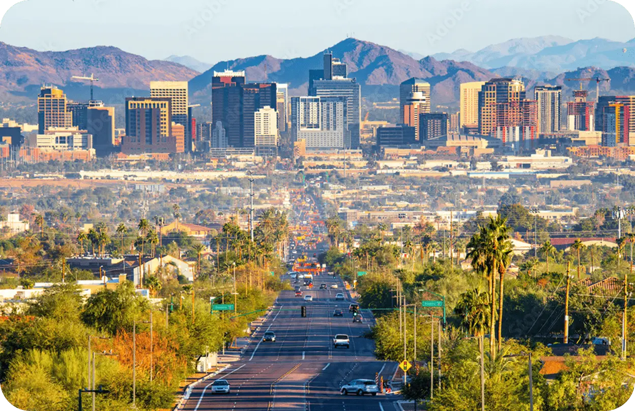 A panoramic view of Downtown Phoenix, AZ, during the day.