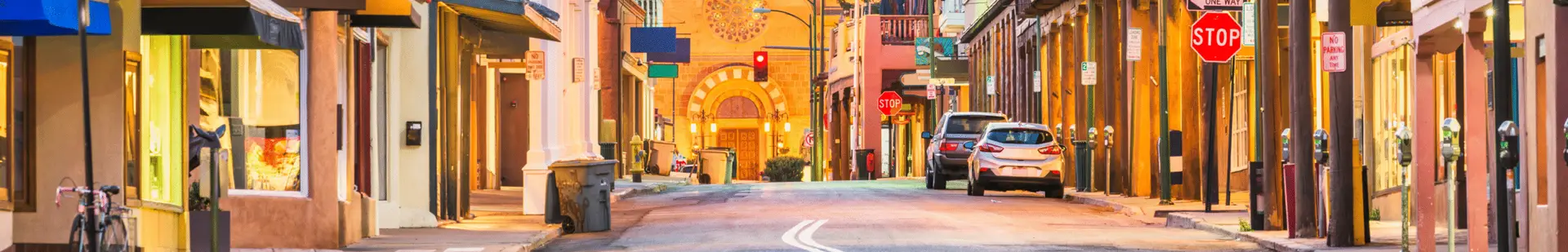 A quiet street in historic downtown Santa Fe New Mexico served by All Aboard America transportation