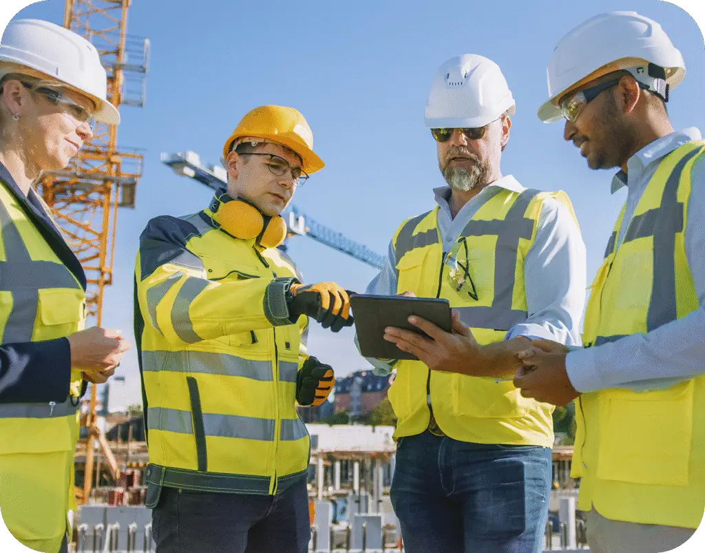 A group of construction workers in safety vests and hard hats review plans on a tablet at a job site