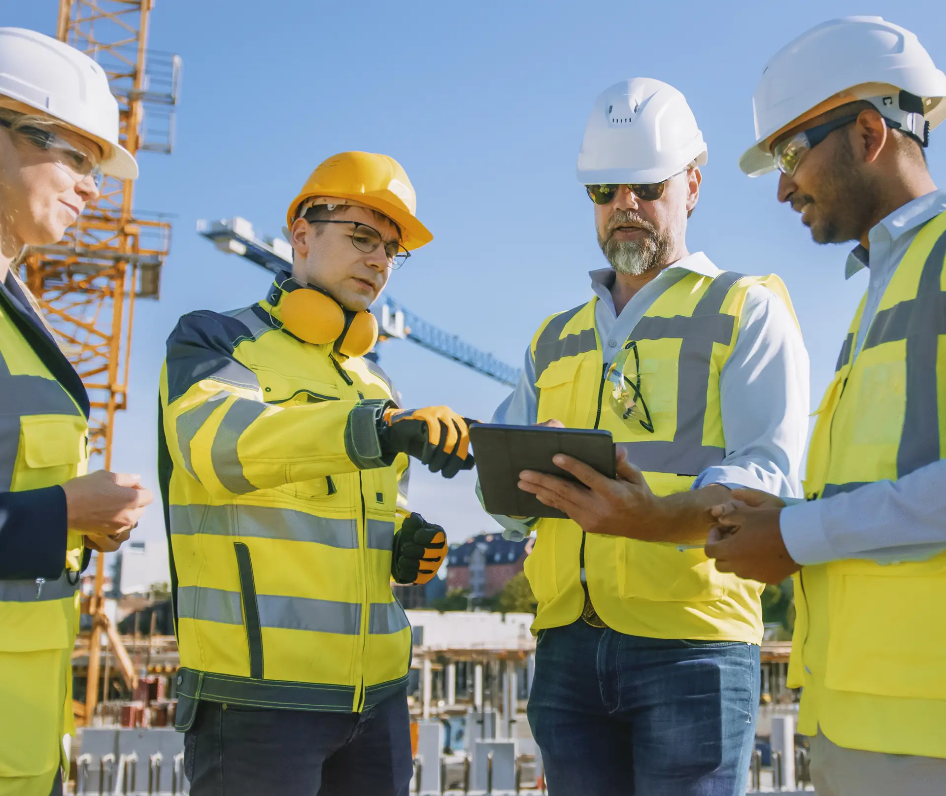 Construction workers in safety vests and hard hats review plans on a tablet at a job site served by All Aboard America