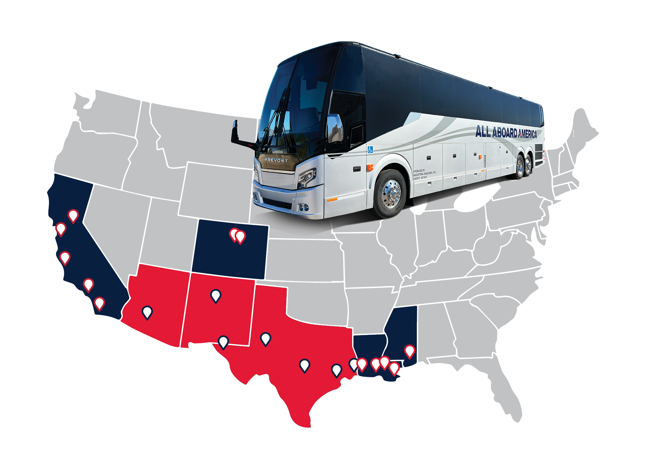 All Aboard America bus on a US map with Arizona, Texas, and New Mexico states highlighted in red to indicate service areas. California, Colorado, Louisiana, and Mississippi are highlighted in blue to indicate other brand locations as part of the All Aboard America Holdings (A A A H I) family.
