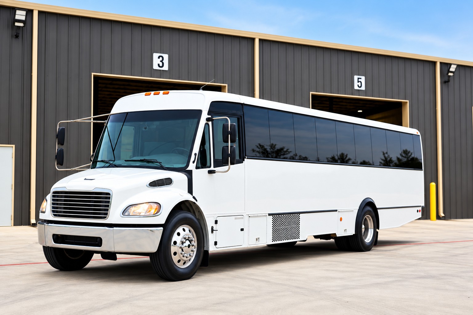 Commercial motorcoach for recurring shuttle programs and workforce transportation parked in front of a bus garage